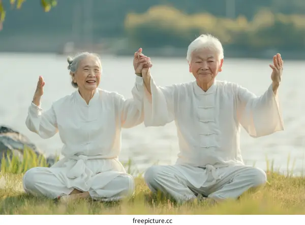 A happy elderly couple is practicing Tai Chi in the park