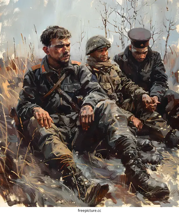 Three soldiers are sitting on the snowy ground during the Korean War.