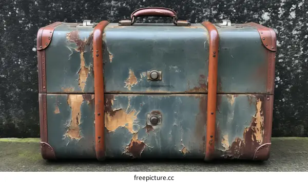 weathered green suitcase with brown handle and leather straps