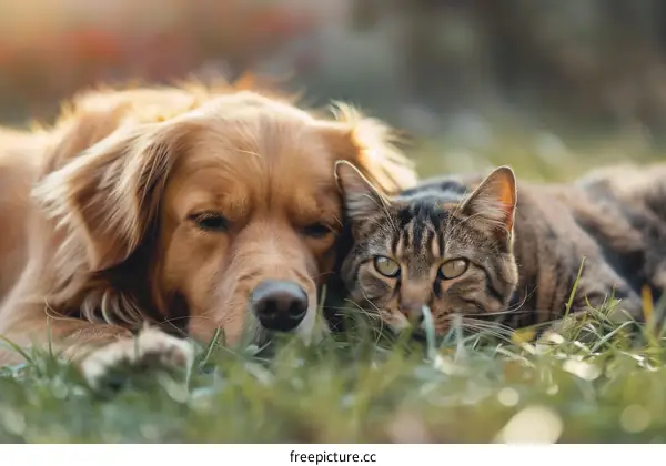 A Golden Retriever and a tabby cat lying on the grass