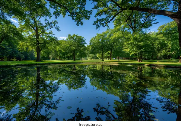 The reflection of green trees in the water of a pond in a park on a sunny day