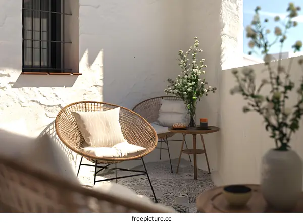 Cozy Patio with Wicker Chairs and Floral Decor