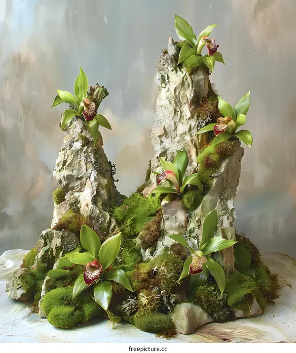 Orchids Growing on a Moss Covered Rock Formation