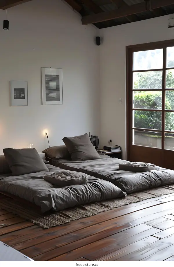 Minimalist Bedroom Interior Design with Wooden Floor and Futon Beds