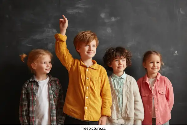 Happy children standing in line raising hands in classroom
