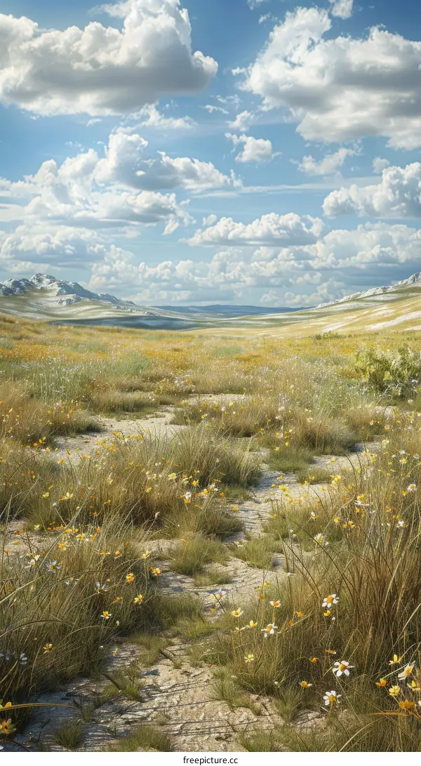 Serene Landscape with Rolling Hills and Wildflowers