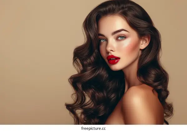 portrait of a beautiful young woman with long brown hair and red lips
