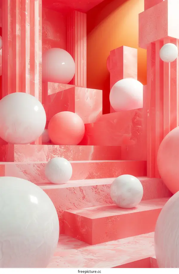 Pink and white geometric shapes in a surreal dreamscape