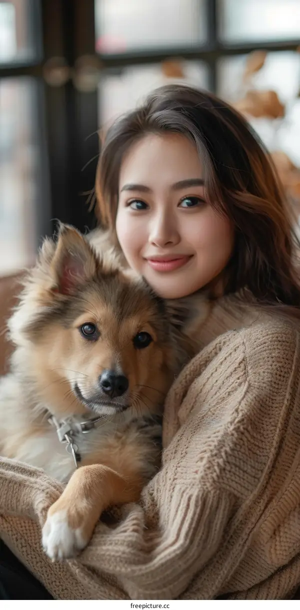 A young woman is sitting on a couch with a small dog.