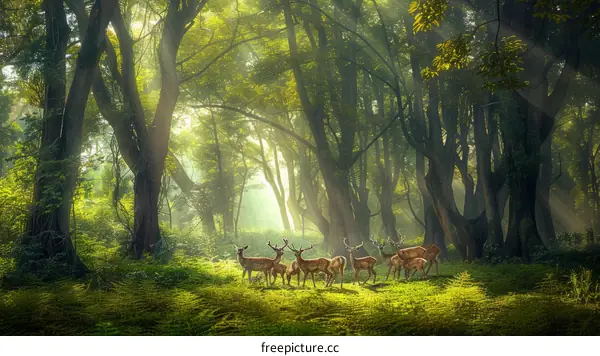 A group of deer standing in a lush green forest with sunlight streaming through the trees