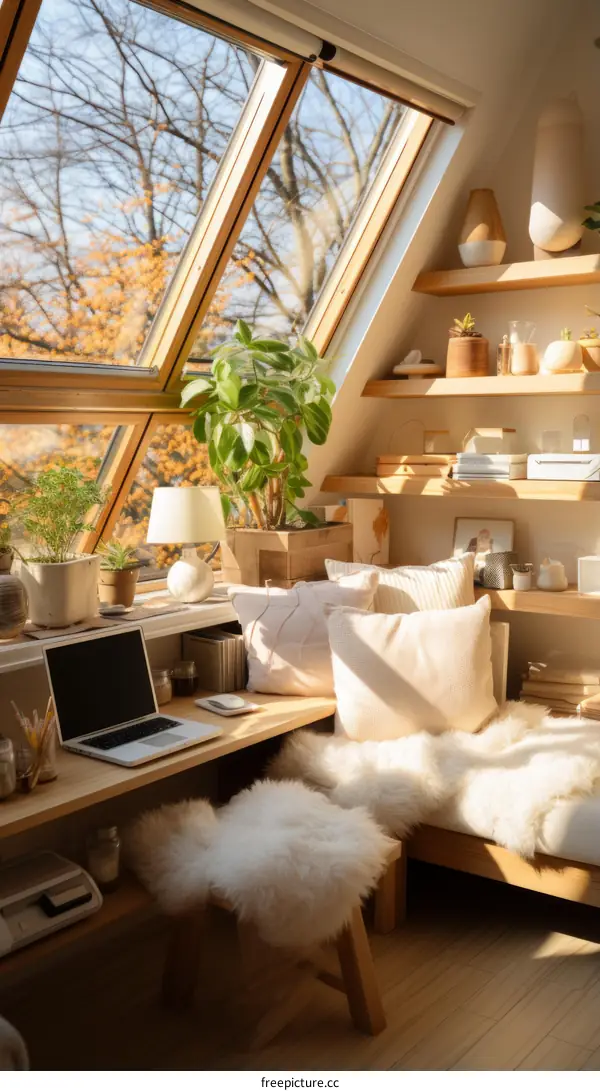 Cozy Home Office with Fall Foliage View