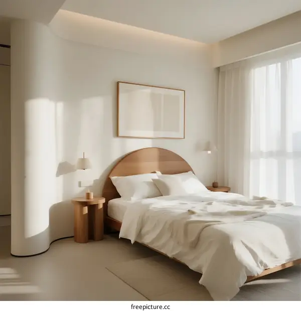 Minimalist bedroom with soft natural light and wooden headboard