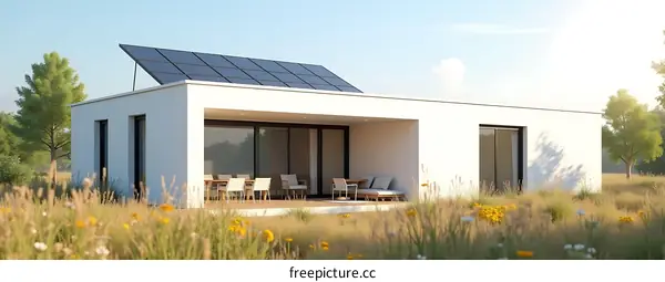Modern White House with Solar Panels and Green Grass