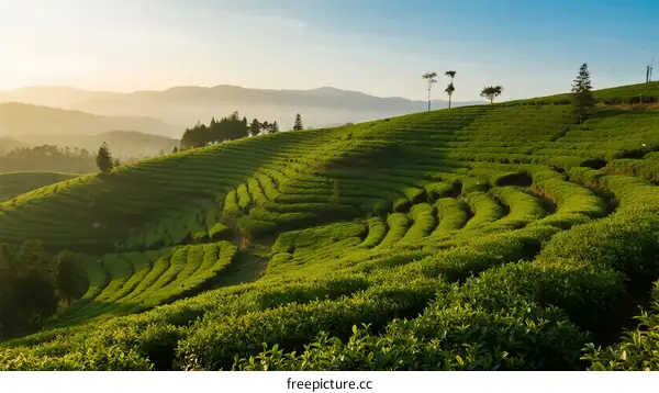 Lush Green Terraced Tea Fields Under Clear Blue Sky