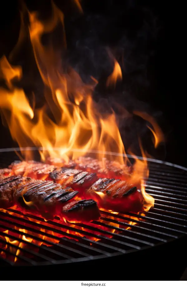 Grilled meat on a flaming grill with smoke
