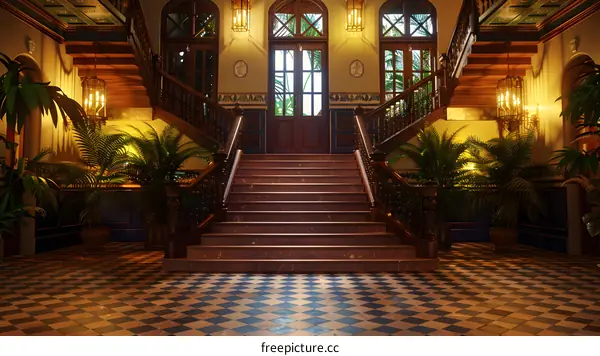 Grand Foyer with Staircase and Tropical Plants