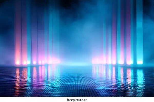 Neon Light Reflections on Wet Pavement