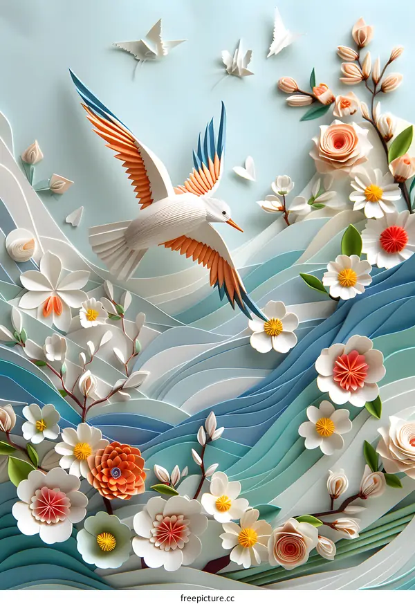 3D illustration of a bird flying over a field of flowers