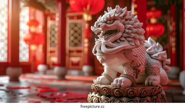Happy Chinese New Year. A stone lion statue in a traditional Chinese courtyard.