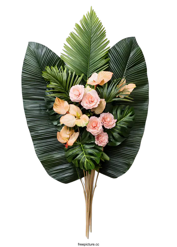 [Transparent Background PNG]Tropical Leaves and Pink Flowers Bouquet on White Background