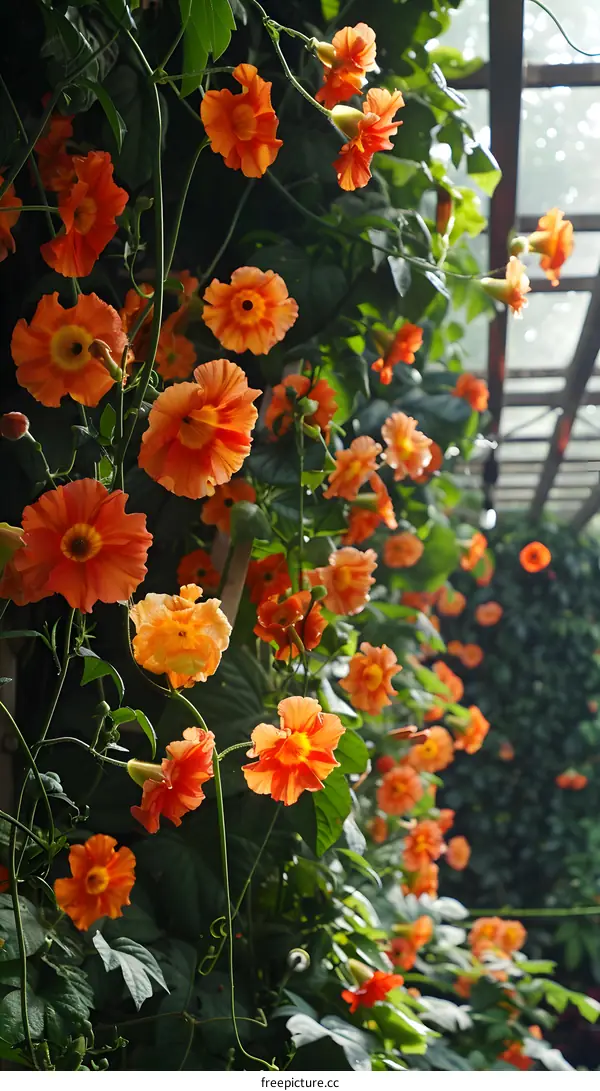 Orange Trumpet Vine Flowers Blooming in a Green Garden