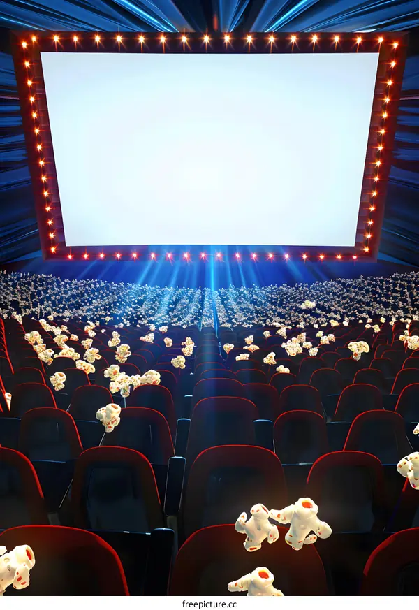 Empty Cinema Seats with Popcorn Scattered in Front of a Blank Movie Screen