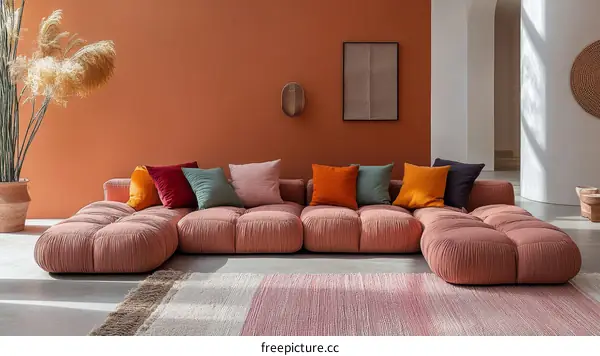 Modern Sectional Sofa with Colorful Cushions in a Stylish Living Room