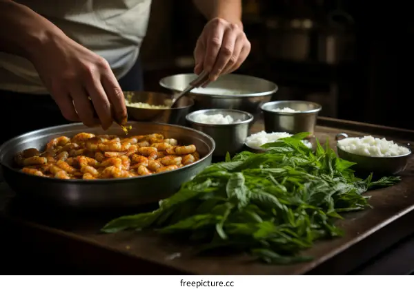 Middle Eastern person preparing a meal with shrimp, rice, and greens