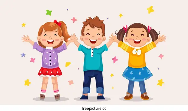 Three happy children are raising their hands