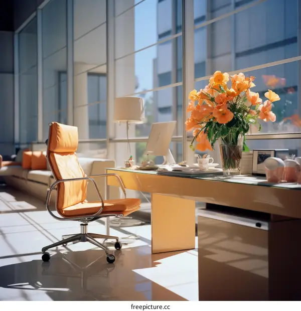 Modern office interior with orange flowers