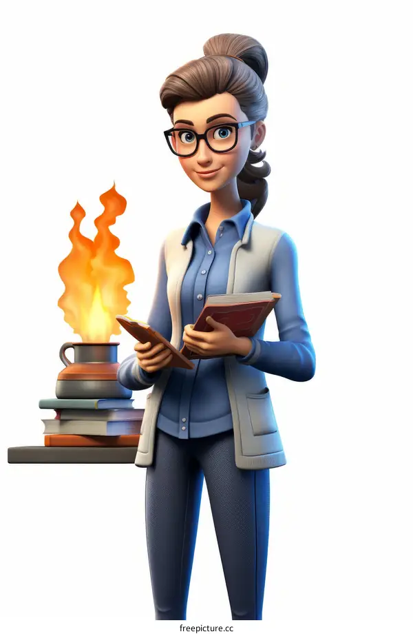 Female Scientist Holding Book in Front of Burning Book Stack