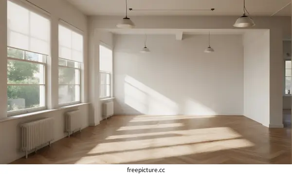 Bright and empty room with large windows and wooden floor