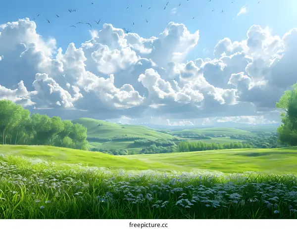 Green rolling hills under a blue sky with white clouds and flowers in the foreground