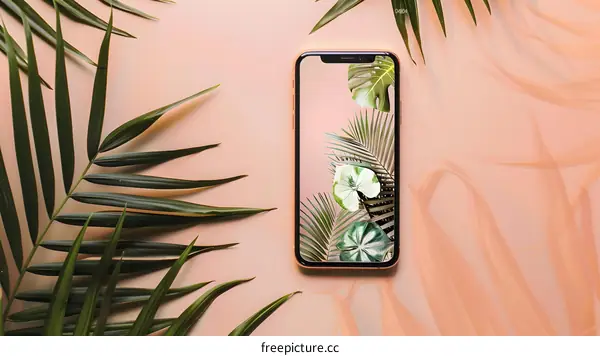 Palm Leaves and Smartphone with Tropical Wallpaper