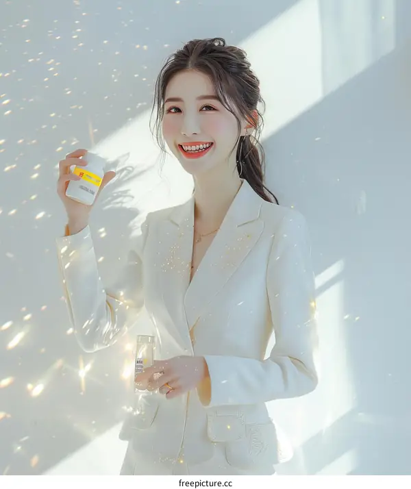 Asian woman in a white suit holding a bottle of pills and a glass of water