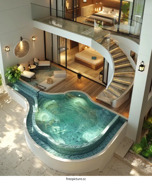 luxury villa with pool and spiral staircase