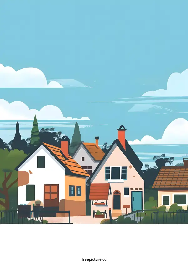Illustrated Village Houses and Sky