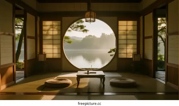 Traditional Japanese Room with Circular Window Overlooking Serene Lake