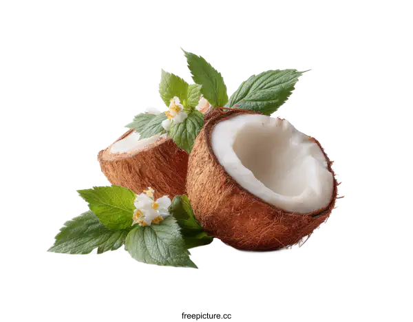[Transparent Background PNG]Fresh Coconut halves with flowers and leaves