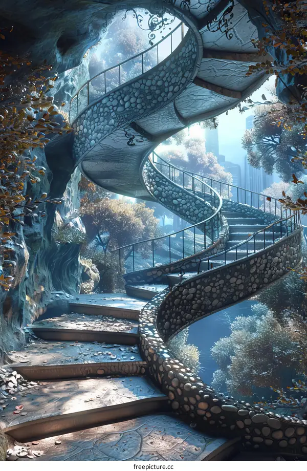 Mystical Spiral Stone Staircase in the Forest
