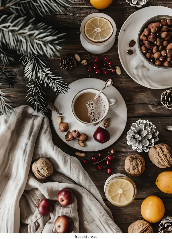 Warm Cozy Winter Coffee Table Setting with Nuts and Fruits