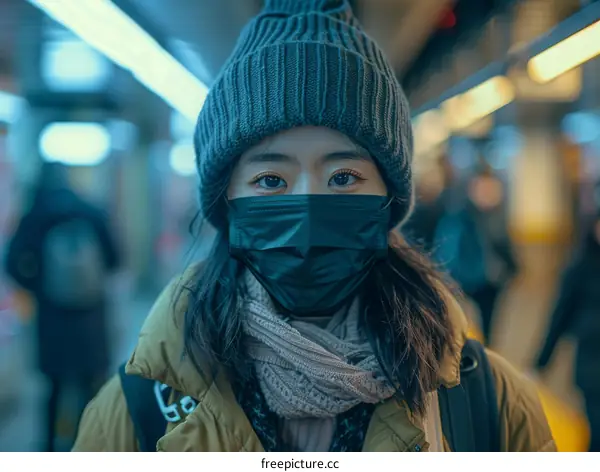 A young woman wearing a mask in a crowded subway station