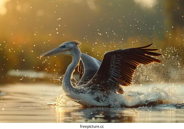 A pelican spreads its wings while running on the water surface