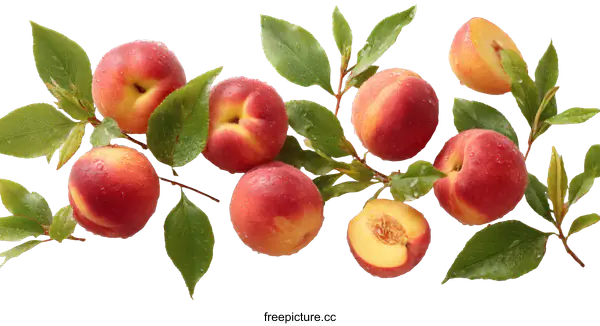 [Transparent Background PNG]Fresh Peaches with Leaves and Water Drops