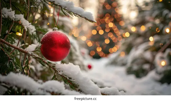 Red Christmas Ornament Hanging on a Snowy Fir Tree Branch