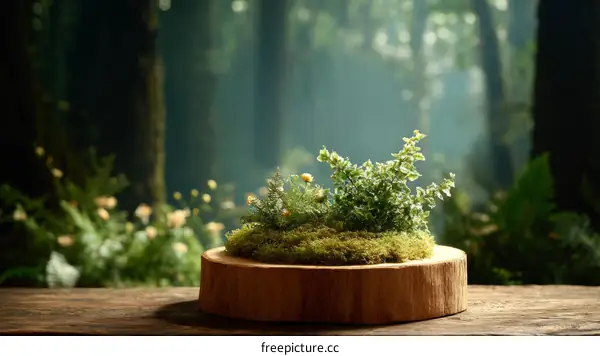 Miniature Forest Scene on Wooden Slice