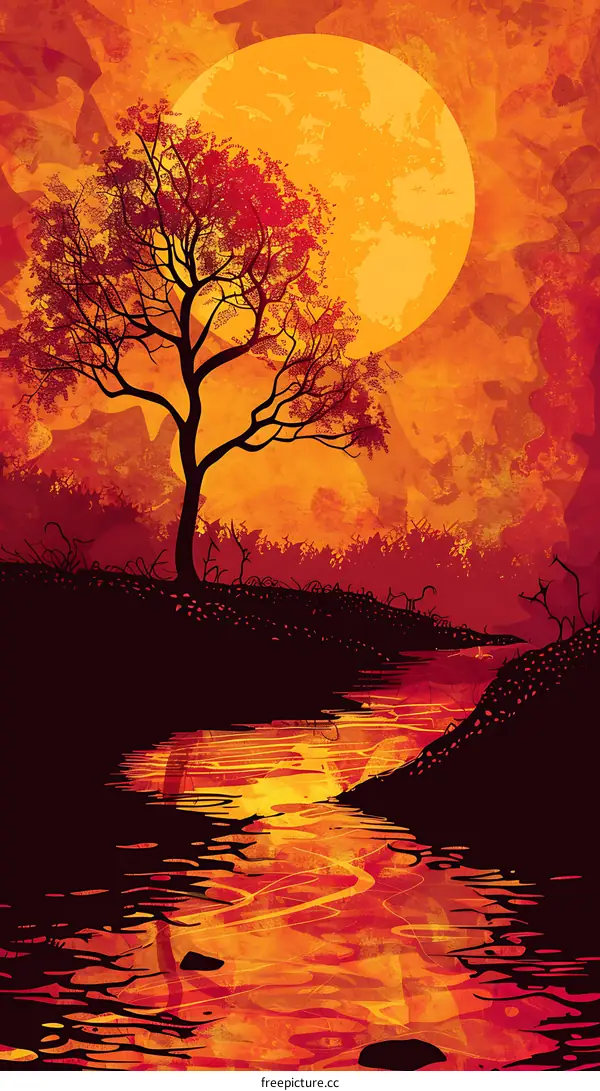 Silhouette Tree and River Under Big Moon