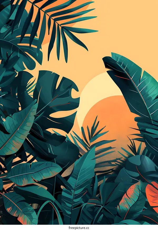 Tropical Leaves with Sunset Background Illustration