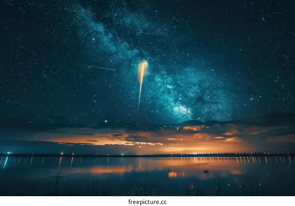Rocket Launch Over Lake at Night with Stars
