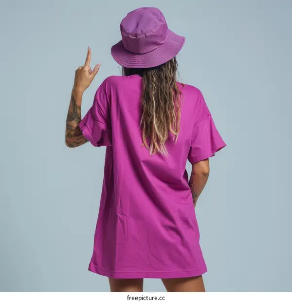 woman in purple bucket hat and oversized t-shirt pointing middle finger